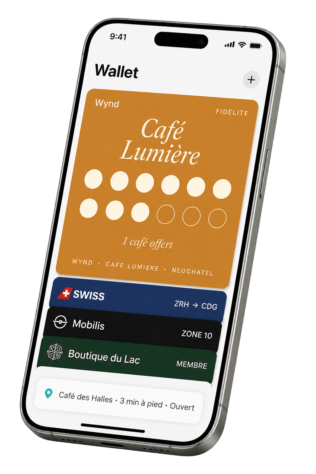 Carte de fidélité Wynd dans Apple Wallet — exemple Café Lumière